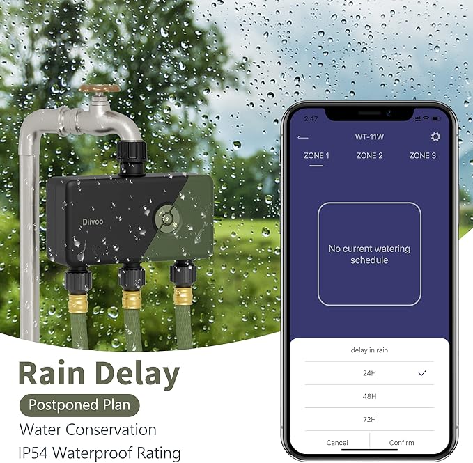 Diivoo Smart Water Timer 3 Zone, WiFi Sprinkler Hose Timer Compatible with Alexa and Google, Remote Control Irrigation Timer, Automatic Manual Watering, Rain Delay, for Garden, Lawns and Yards