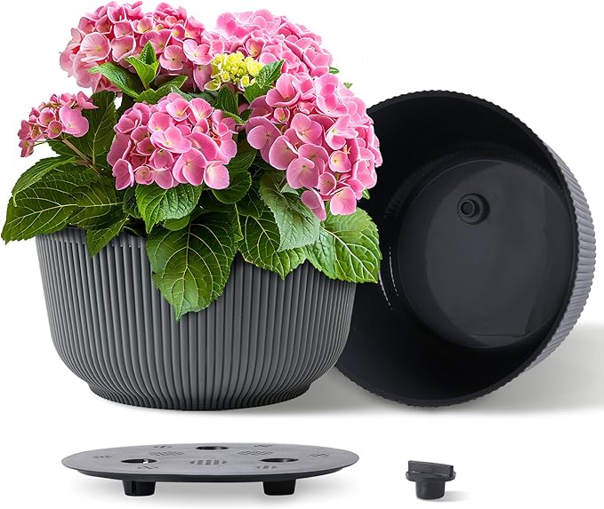 T4U 12 Inch Large Self Watering Plant Pots, Wide Self Watering Planter with Drainage Hole, Large Plant Pots Flower Pot for Plants, Set of 2,Gray