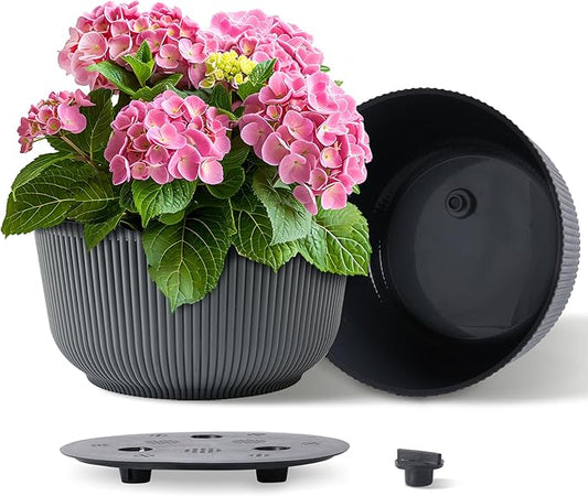T4U 12 Inch Large Self Watering Plant Pots, Wide Self Watering Planter with Drainage Hole, Large Plant Pots Flower Pot for Plants, Set of 2,Gray