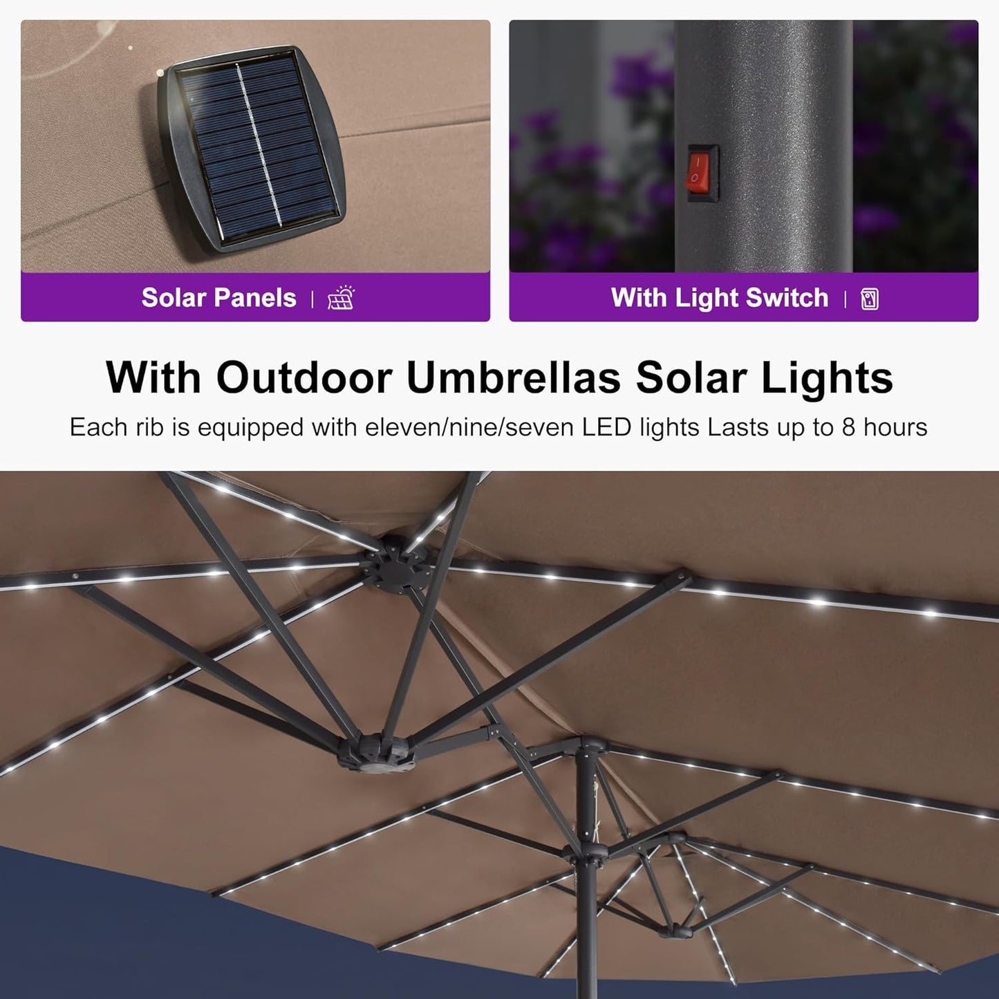 PURPLE LEAF 15ft Double-Side Patio Umbrella with Base and Solar Lights Outdoor Market Umbrella with Crank Handle Rectangle Umbrella for Backyard Pool Garden Deck, Taupe