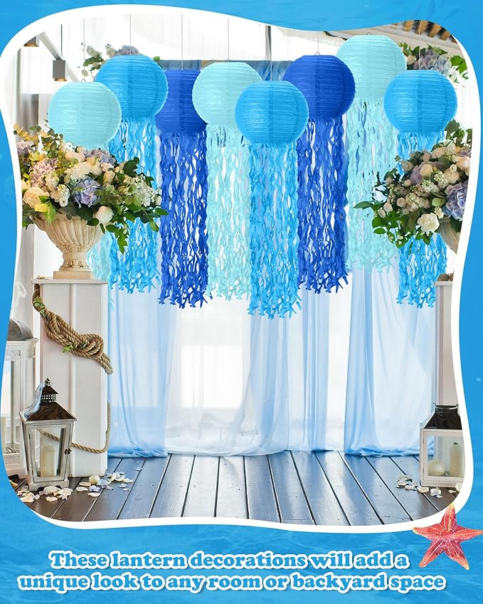 18 Pcs Jellyfish Paper Lanterns Mermaid Birthday Decorations Hanging Lantern Lamps for Ocean Theme Decor Under The Sea Party Supplies (Blue)
