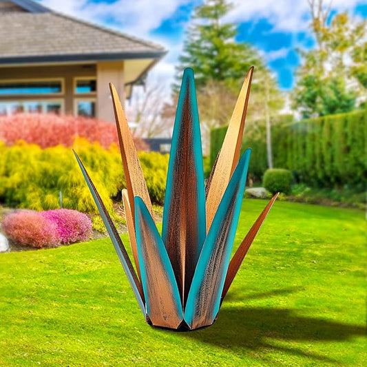 Large Tequila Rustic Sculpture, Rustic Metal Agave Plants for Outdoor Patio Yard, Home Decor Hand Painted Metal Agave Garden Yard Statue, Outdoor Lawn Ornaments Yard Stakes (Blue - M)