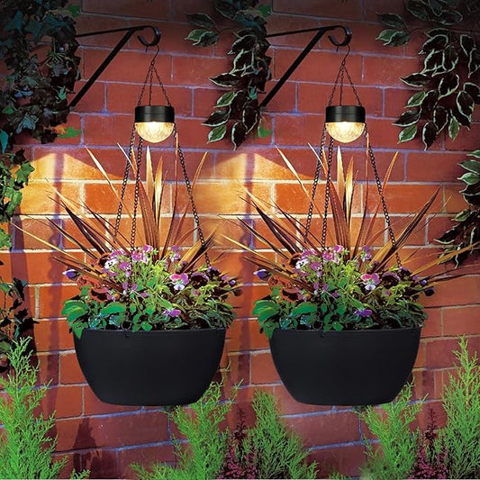 2 Packs Hanging Planters Basket for Outdoor Plants, Solar Powered Self Watering Black Round Plastic Flower Pots with Drainer for Balcony Patio Garden Outdoor Decoration