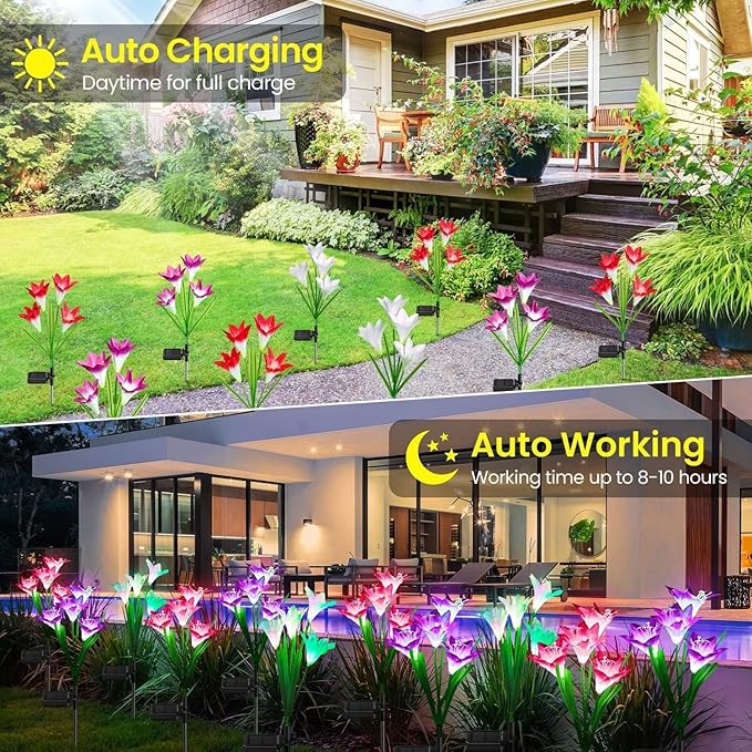 KOOPER Outdoor Solar Lights, 10 Pack Solar Garden Lights with Bigger Lily Flowers, Waterproof 7 Color Changing Solar Lights Outdoor - Bigger Solar Panel for Outdoor Patio Yard Garden Decoration