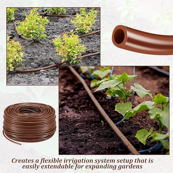 Treela 328 ft Drip Irrigation Hose 1/4 Inch Blank Distribution Tubing Drip Irrigation Tubing Water Hose for Garden Flower Bed Greenhouse Flower Patio Lawn (Brown)