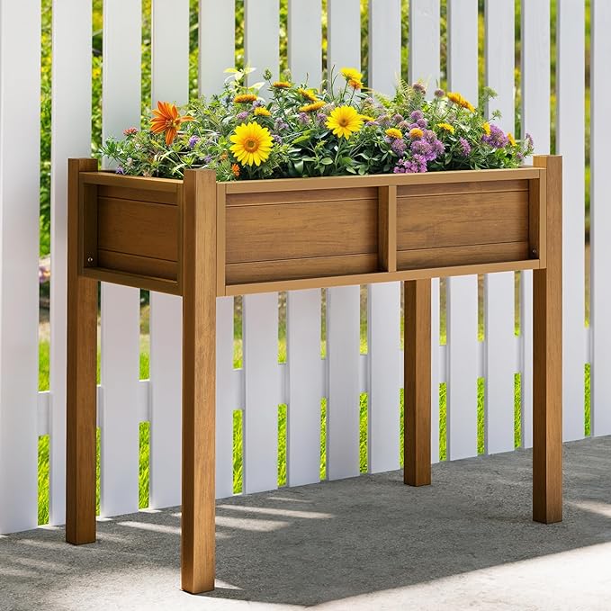 YITAHOME Raised Garden Bed, HIPS Poly Wood Elevated Planter Box with Legs and Drainage Hole, Small Flower Box Stand for Patio Balcony Garden Backyard, Teak