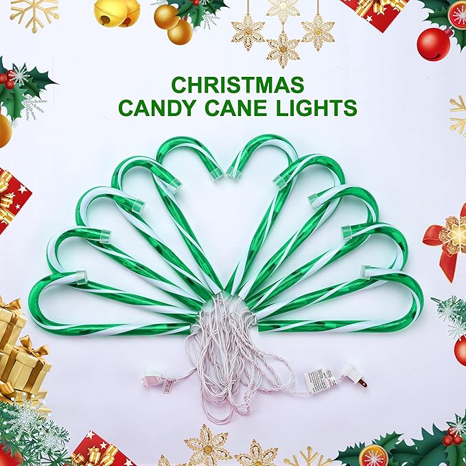 VCOKEN 10'' Christmas Candy Cane Pathway Markers Lights - Set of 10 Christmas Stakes Lights Outdoor Pathway Decorations, Connectable & Light Up Xmas Holiday Party Yard Indoor Outdoor Ornament, Green