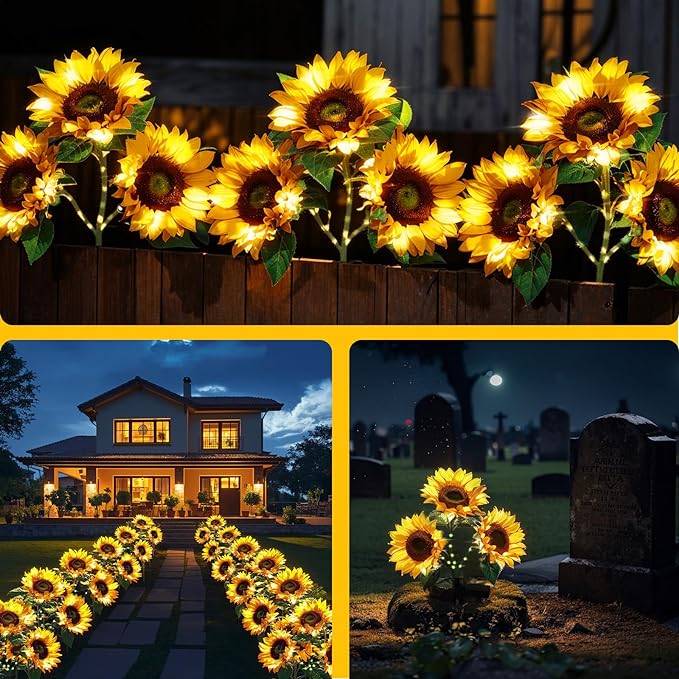 Solar Flowers Outdoor Waterproof Decorative - 3 Pack Solar Garden Lights with 9 Sunflower Lights, Outdoor Solar Lights Garden Decor, Outdoor Solar Lights for Yard Decorations Outdoor