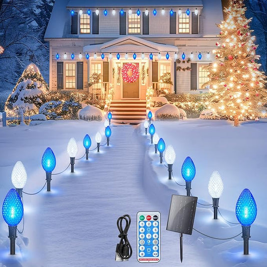 Minetom Solar Double C9 Strawberry Pathway Lights - 16FT 10 LED C9 Christmas Lights with Timer, 8 Modes, Solar Christmas Outdoor Decorations for Lawn Outside Walkway, Blue White