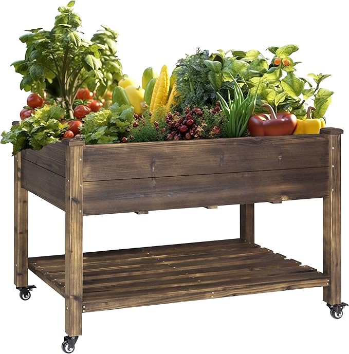 MUPATER 4x2FT Raised Garden Bed, Planter Box with Four Wheels and Legs for Herbs and Vegetables, Elevated Garden Bed with Drainage Holes for Outdoor Indoor, Rustic