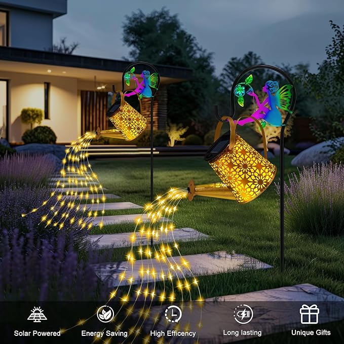 Solar Lights Garden Decorative, Solar Watering Can with Cascading Lights, Waterproof Metal Lantern with Fairy Shepherd Hook, Outdoor Decor for Yard, Patio, Lawn, and Pathway, Gardening Gifts for Mom