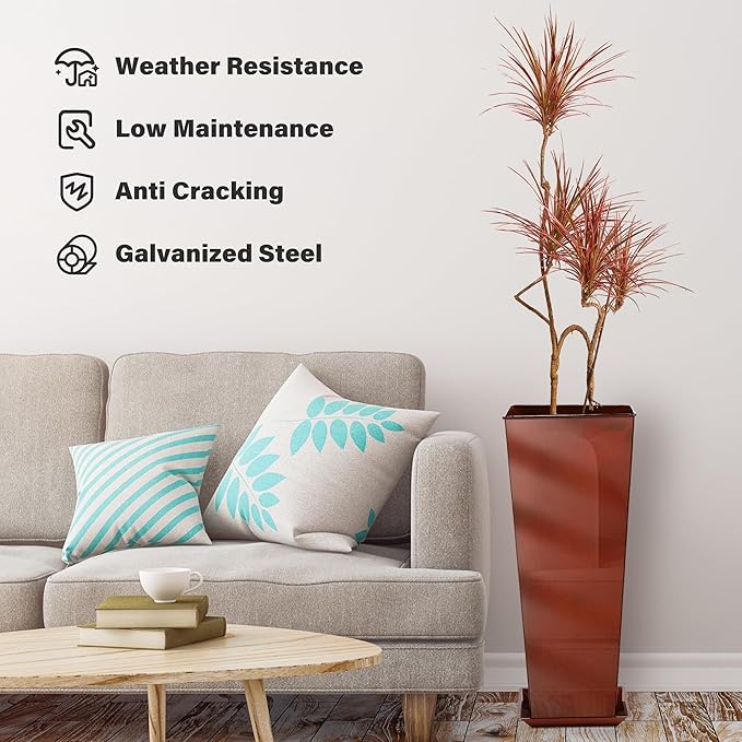 KOL 28''H. Tall Galvanized Steel Glazed Planter with Saucer, Set of 2, Planter Pots with Insert for Indoor & Outdoor Use, Decorative Flower Plant Pots for Front Porch, Patio, Deck - Reddish Brown