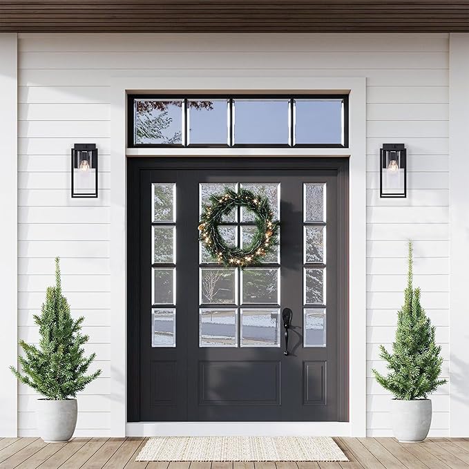 Pia Ricco Outdoor Wall Lights, Black Outdoor Wall Lantern with Square Clear Glass Shade, Waterproof Exterior Lighting Fixtures, Modern Front Porch Lighting for House, Garage, E26 Base, ETL Listed