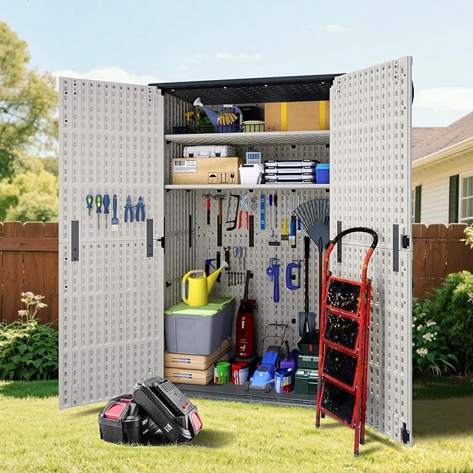 Greesum Outdoor Storage Shed Without Divider, 45 cu.ft Outdoor Waterproof Storage Cabinet for Garden Tools, Pool Storage, Garbage Cans, Beige