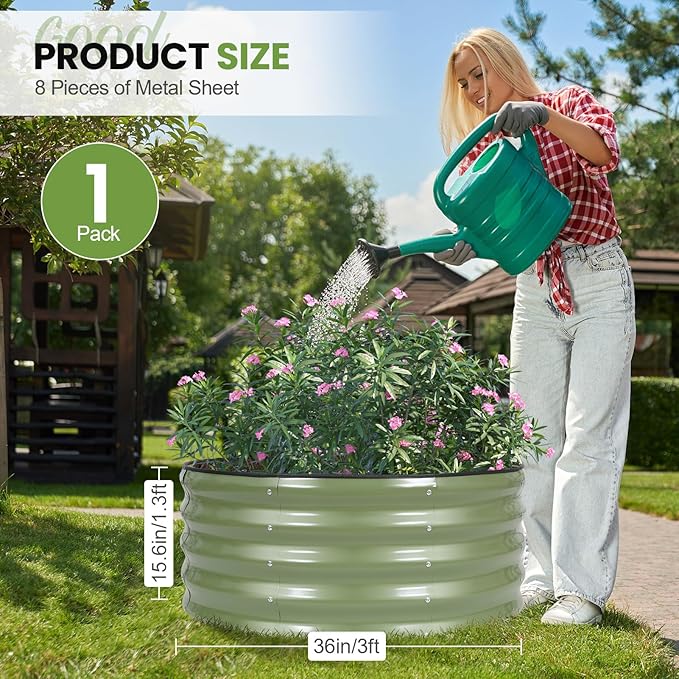 G GOOD GAIN Round Raised Garden Bed - 1Pcs 3x3x1.4ft Galvanized Steel Planter Boxes Outdoor with Rubber Edge Trim | Metal Raised Beds for Gardening Vegetables Flowers Fruits Herbs (Olive Green)