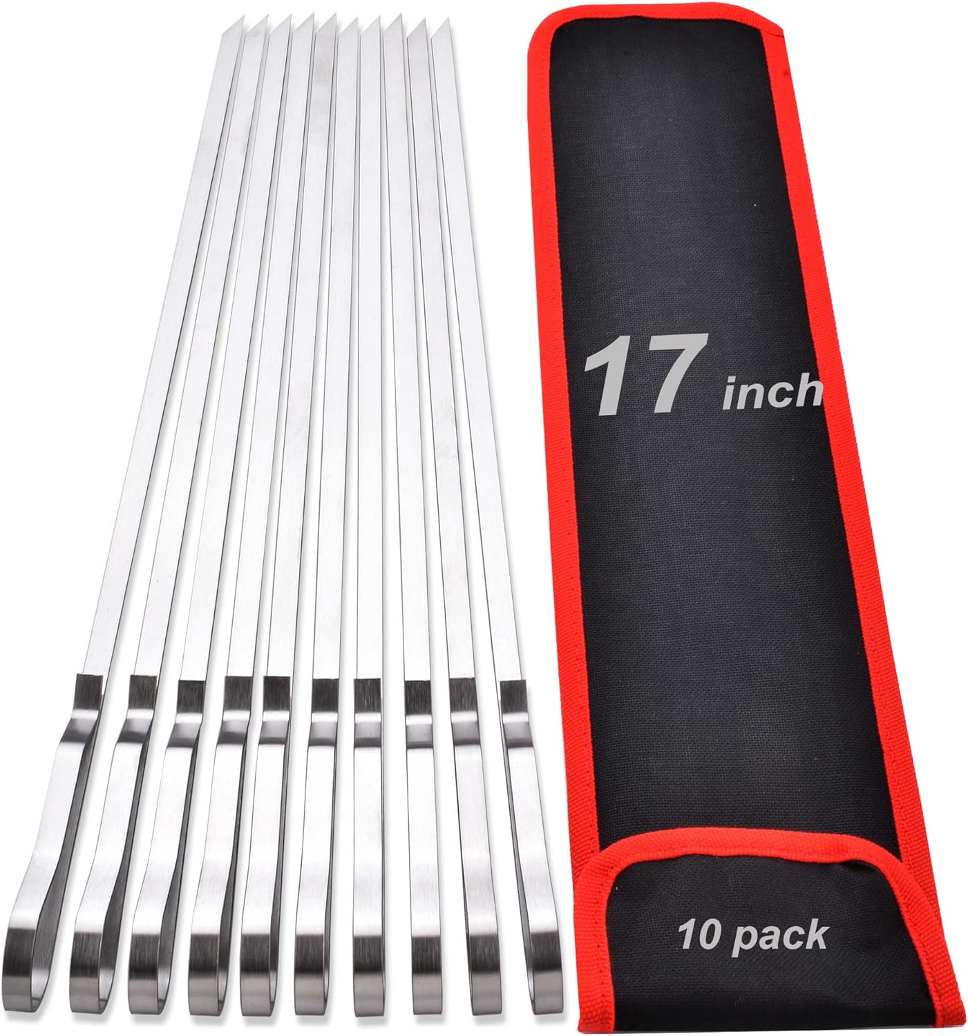 17 Inch Long Stainless Steel Skewers for Kabobs,HONSHEN Flat Shish Kabob Barbecue Skewers with Storage Bag - Metal BBQ Skewers for Grilling Meat, Chicken, Shrimp, Vegetables - 10 Pack
