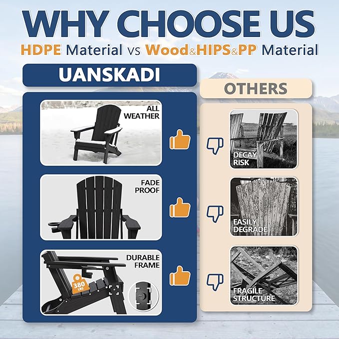 Folding Adirondack Chair Set of 2 with Cup Holder, HDPE All Weather Resistant Plastic Outdoor Patio Chairs, Heavy Duty Fire Pit Seating for Backyard Lawn Garden, Wooden Textured Design(Black)(Black)