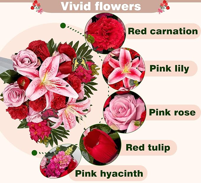Handmade Cemetery Flowers with Vase for Grave Decor, Artificial Headstone Flower, Bright and Colorfast,Pink Rose Lily/Red Carnation
