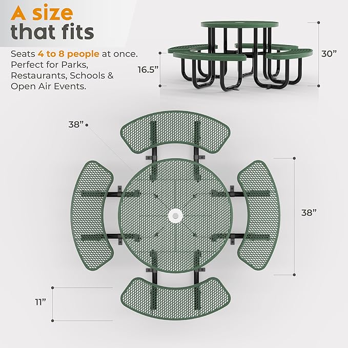 Metal Picnic Tables for Outdoors with Umbrella Hole - Coated Steel Heavy Duty Commercial Grade Table with Adjustable Seats (Green, 38 in, Round, Expanded Steel)