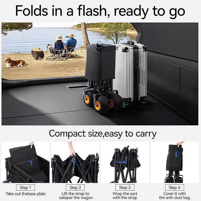 DXZ Beach Wagon Cart with Big Wheels for Sand – Folding Collapsible Wagon, Heavy Duty Wagons Carts Foldable for Beach, Camping, Outdoor Gear, Easy Setup Black Yellow