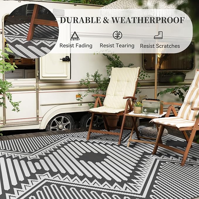 MontVoo Outdoor Rug 8x10 Waterproof Patio Rug-Outdoor Carpet Mat Reversible Plastic Straw Outside Outdoor Rug for RV Camping Picnic Beach Balcony Backyard Pool Deck Porch Modern Boho Grey