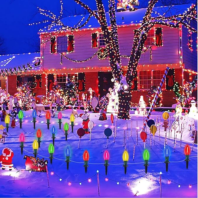 C9 LED Christmas Pathway Lights, 38FT Multi-Color Christmas Pathway String Lights with 25 Multi-Color LED Light Bulbs and Stakes for Outdoor Walkway Driveway Backyard Christmas Decorations