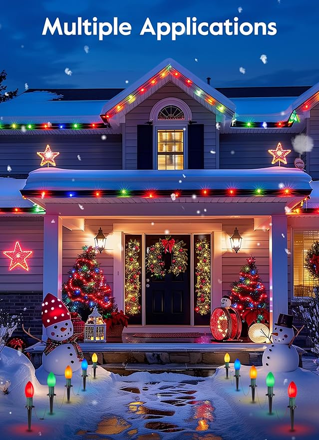 Brightown Frosted C9 LED Christmas Lights Outdoor, 2 Packs Total 64Ft Christmas Pathway Lights with 50 LED Bulbs and Stakes, Christmas Decorations Outside Driveway Walkway Sidewalk, Multicolor