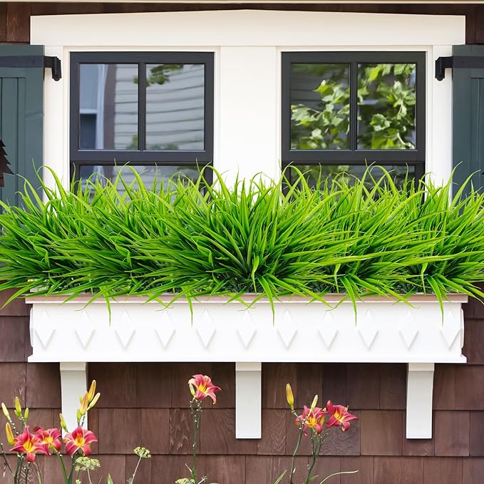 Uieke 28 Bundles Artificial Outdoor Plants UV Resistant Fake Grass Plants Faux Plastic Plants Greenery Shrubs for Home Garden Pathway Window Box Front Porch Spring Summer Decor, Green