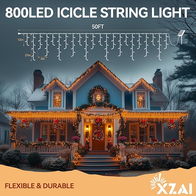 XZAI Solar Icicle String Lights 800LED 50FT Warm White Remote Connectable 2400mAh USB Rechargeable 8 Modes Timer Dimmable IP65 Waterproof Twinkle for Outdoor Christmas & Wedding & Party Decors
