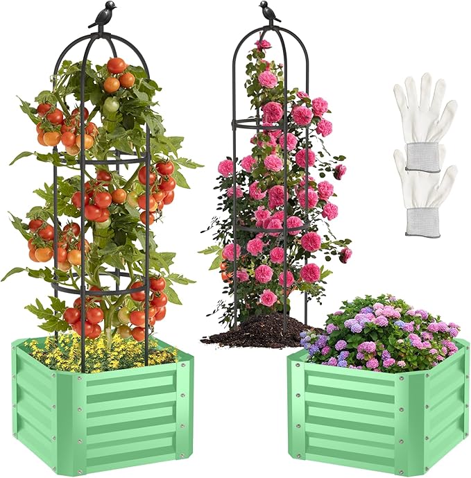 1Pack Raised Garden Beds Outdoor, Galvanized Metal Raised Garden Bed with Trellis, 16x16x60inch Tomato Cage Planters Box with Trellis for Climbing Plants Vegetable Vine Flowers