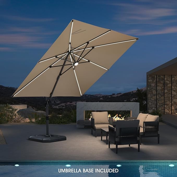 PURPLE LEAF 10 Feet Patio Umbrella with Base Outdoor Cantilever Solar Powered LED Square Umbrella Aluminum Offset Umbrella with 360-degree Rotation for Garden Deck Pool Patio, Beige