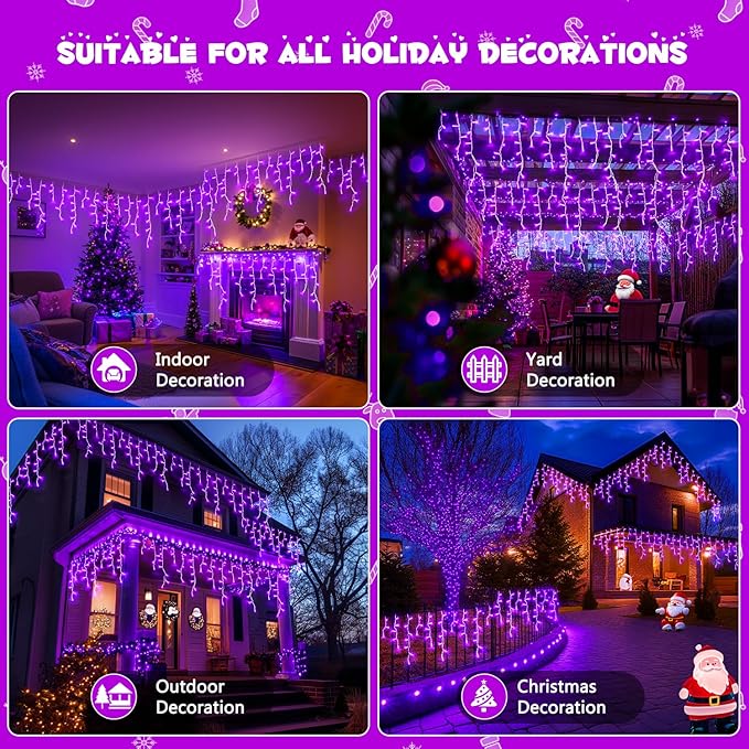 JMEXSUSS Purple Christmas Icicle Lights, 38.8 FT 400 LED Purple Icicle Lights Outdoor Waterproof, 8 Modes Purple Christmas Lights with 80 Drops Plug in for House Christmas Party Decorations