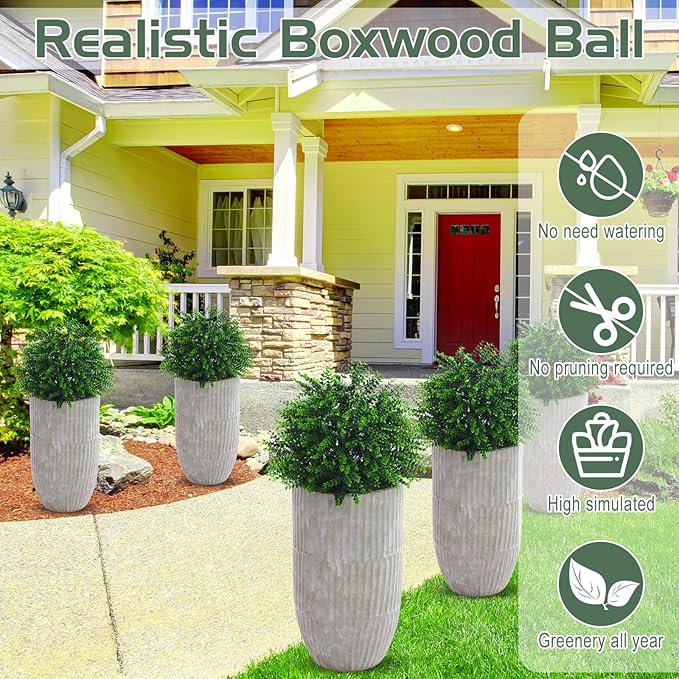 Yunlly 6 Pcs 18 Inch Artificial Boxwood Ball Topiary Tree Fake Outdoor Plants Bush, UV Resistance Faux Shrubs with Spike Realistic Greenery Potted for Indoor Garden Yard Porch Patio Decor (Green)