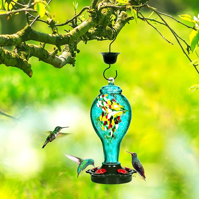 LUJII Hummingbird Feeder for Outdoors, Hand Blown Glass Humming Bird Feeder, Anti Fade Leakproof with 25 Ounces Nectar Capacity, Easy to Install Clean Refill, Include Hook & Ant Moat (Teal)