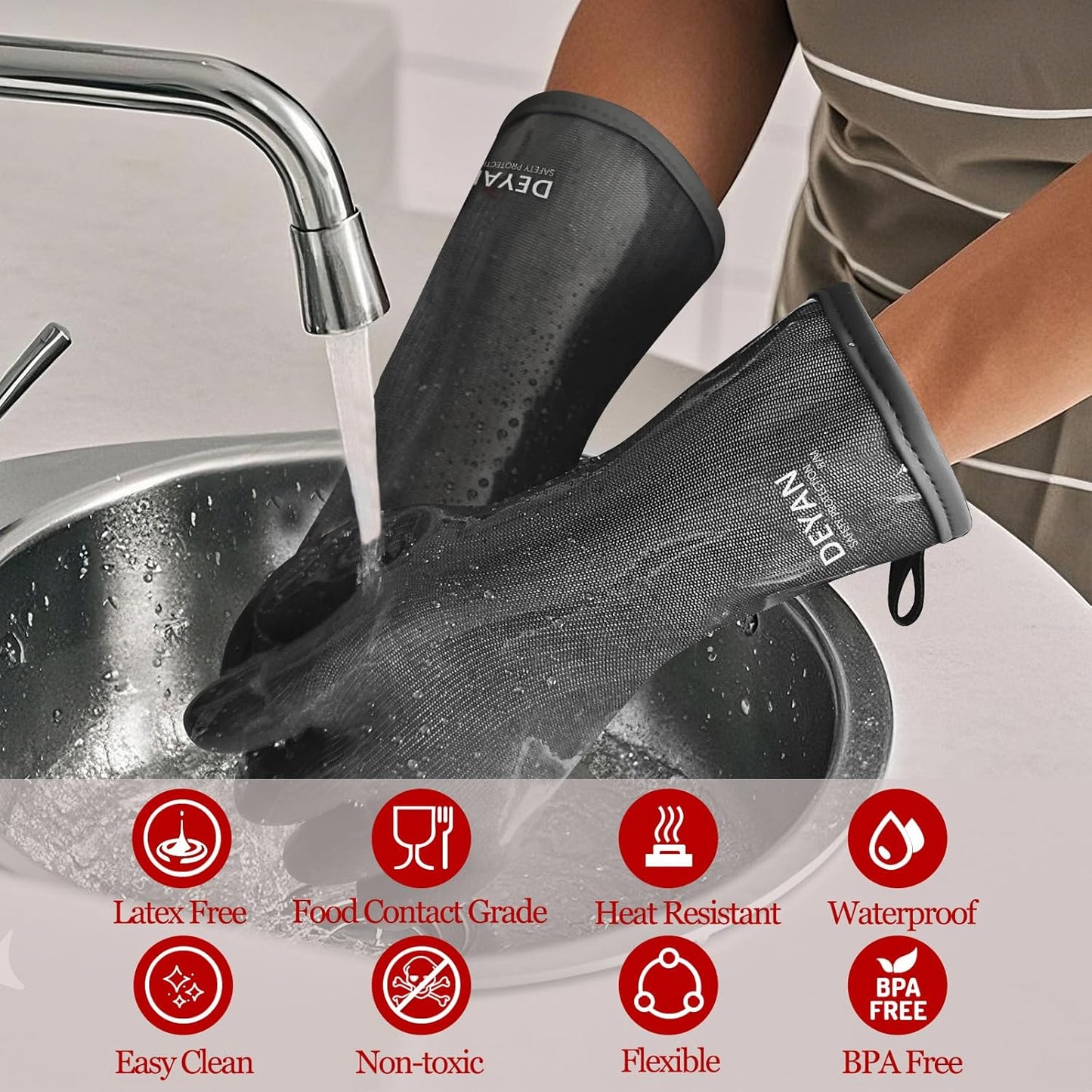 DEYAN Silicone BBQ & Oven Gloves - Food Grade, Heat Resistant Waterproof & Oil Proof Gloves for Grilling, Baking, Frying, Cooking - Long Sleeve & Non-Slip Grip, 1 Pair(Black, 8/M)