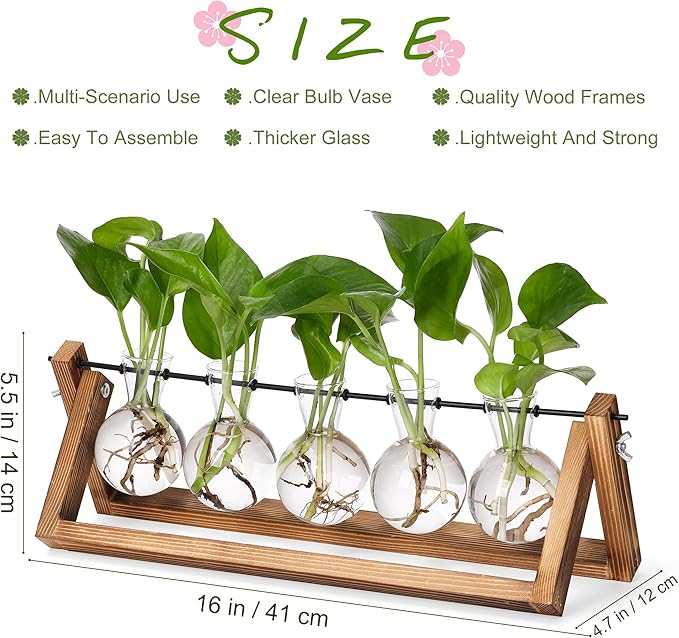 YIBOT Propagation Stations,Plant Terrarium with Wooden Stand,Plant Lover Gifts for Women for Hydroponics Plants Home Garden Wedding Decor(5 Bulb Vase)