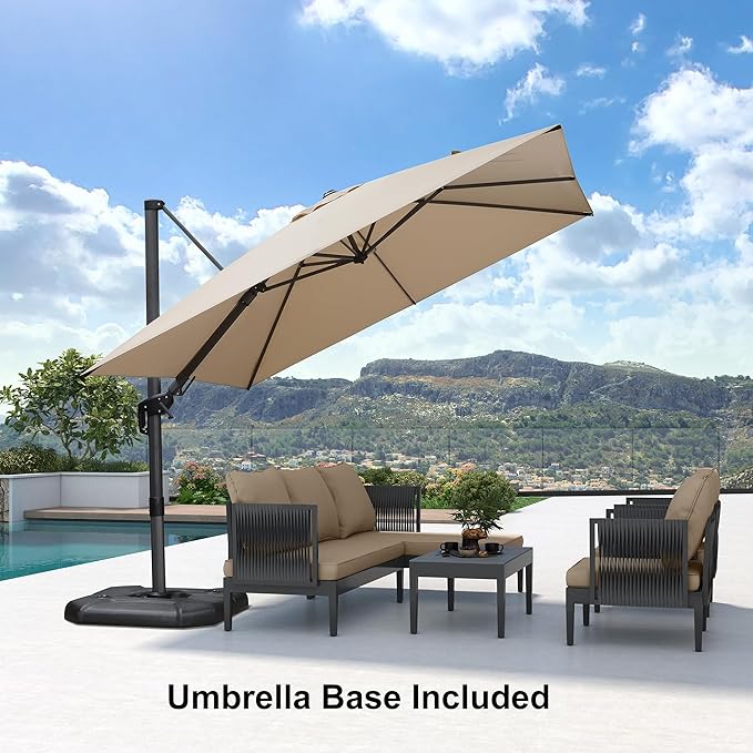 PURPLE LEAF 9.8' X 9.8' Tilting Patio Umbrella with Base Outdoor Cantilever Swivel Square Umbrella with Tilt Aluminum Offset Umbrella with 360-degree Rotation for Garden Deck Pool Patio Beige