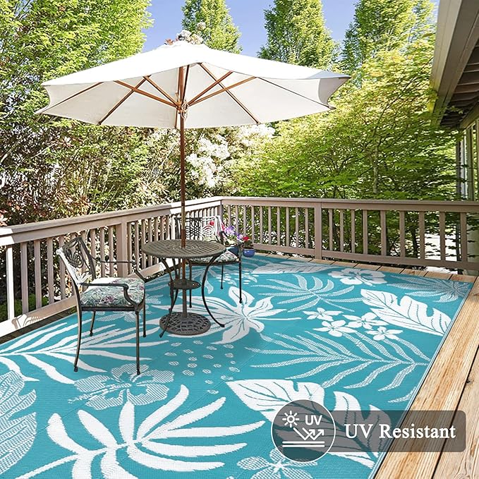 Pauwer Waterproof Outdoor Rug 6x9, Reversible Plastic Straw Patio Camping Rug, Indoor Outdoor RV Mat Carpet for Deck, Camper, Porch, Balcony, Backyard, Picnic, Floral Teal