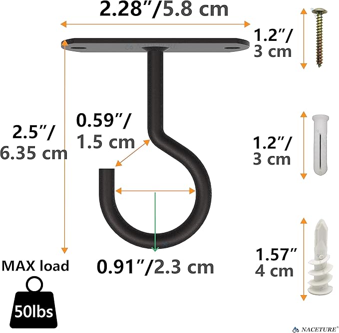 NACETURE Ceiling Hooks for Hanging Plants 2 Pack - Square Wall Mount Plant Hanger Indoor Hanging Hooks Metal Plant Bracket Iron Lanterns Hangers for Wind Chimes, Planters (2.5" Black 2 Pack)