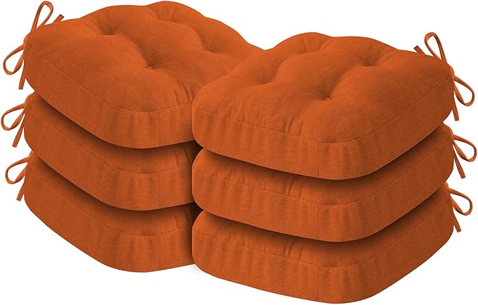 Chair Cushions for Dining Chairs, Dining Chair Cushions, Tufted Indoor Chair Pads with Ties & Non Slip Backing, Seat Cushions for Kitchen Chairs 16.5” x 16.5” x 3.5”, Set of 6, Orange