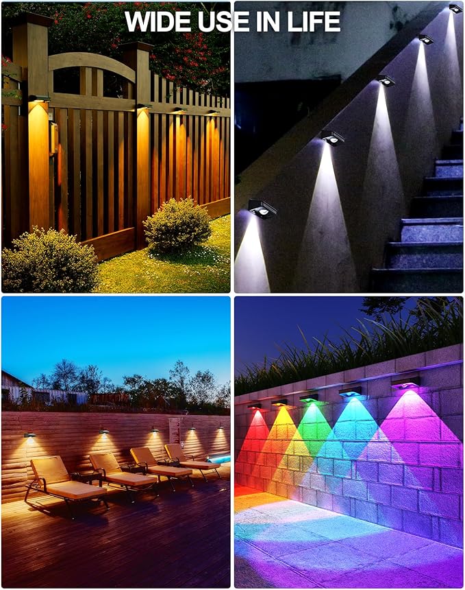10 Pack Solar Fence Lights - 3 Modes, 9 Colors Outdoor Solar Lights, Waterproof IP 65, 35lm for Step, Stair, Deck, Wall, Patio, Walkway, Porch