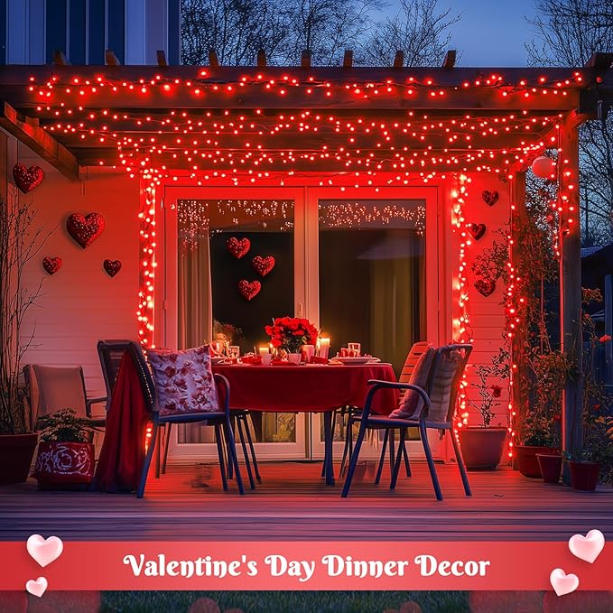 JMEXSUSS 2 Pack Red Solar Lights, Each 100 LED 33ft Valentine Solar Lights Outdoor, 8 Modes Christmas String Lights for Outside Valentine Day Tree Yard Decor