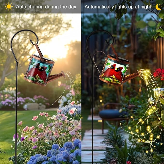 Larekook Solar Outdoor Watering Can Lights Decorative Path Lights, Metal Glass Solar Garden Light Outdoor Waterfall Decor Ornament for Yard Lighting Outside Cardinal