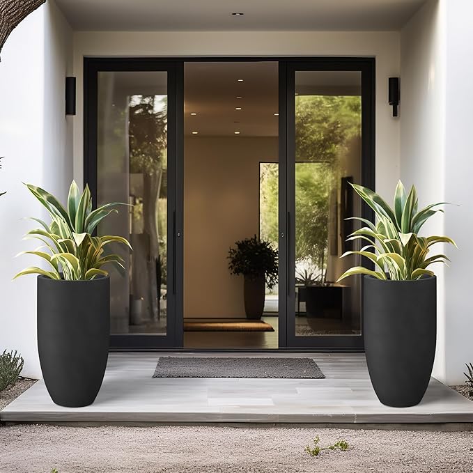 Kante 24 Inch Tall Round Concrete Planter, Large Indoor Outdoor Plant Pots with Drainage Hole and Rubber Plug, Modern Decorative Garden Pots for Home Patio Porch, Black