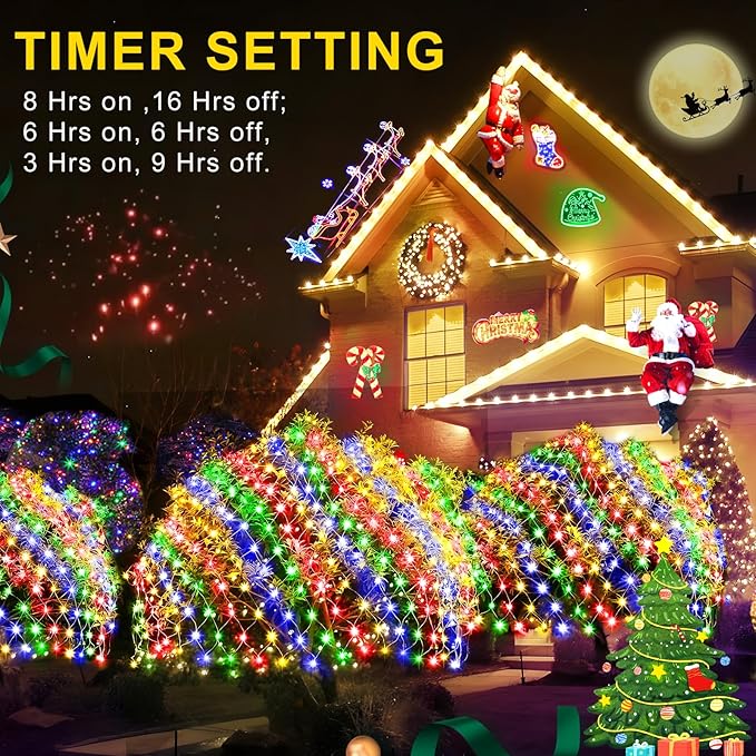 KNONEW Christmas Net Lights 360 LEDs 13ft x 9.8ft Outdoor Mesh Lights Connectable Waterproof 8 Modes & Timer Plug-in Net Fairy Lights for Bushes Garden Party Wedding Holiday,Multicolor