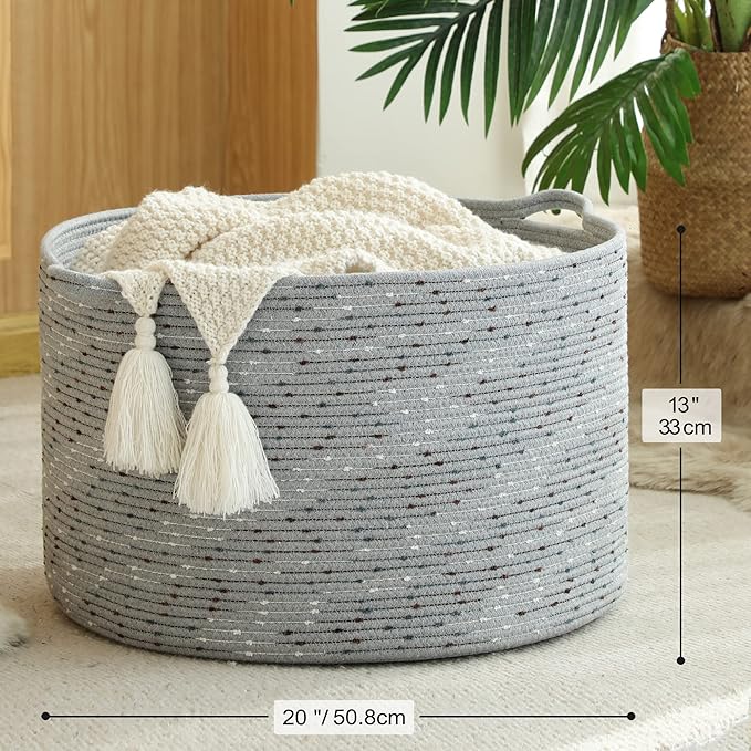 KAKAMAY Large Blanket Basket (20"x13"),Woven Baskets for storage Baby Laundry Hamper, Cotton Rope Blanket Basket for Living Room, Laundry, Nursery, Pillows, Grey with Blue & Brown Dotted