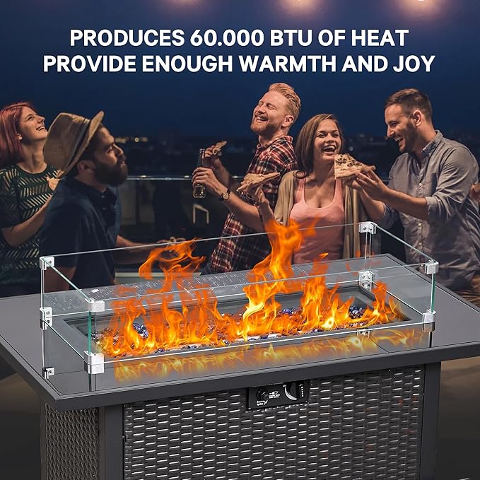 5 Piece Patio Furniture Set with 43" Propane Fire Pit Table, Outdoor Wicker Conversation Set, Rattan Modern Sectional Sofa Couch with Coffee Table for Backyard Porch Garden Poolside, Black-Grey