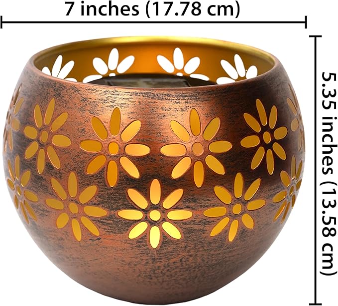 5.4” 2-Pack Decorative Metal Solar Patio Light with Flickering Flame, Waterproof Dusk-to-Dawn Garden Lantern, Bronze/Copper