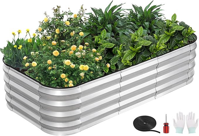 3-in-1 Modular Raised Garden Bed Kit - Adjustable Sizes (4x2x1ft, 3x3x1ft, 5x1x1ft) - Heavy Duty Galvanized Steel Planter Box with Bracing Rods & Gloves for Vegetables, Fruits, Flowers