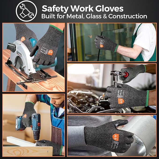 Donfri 3 Pairs A9 Cut Resistant Work Gloves for Men - Steel + HPPE Hybrid Safety Gloves for Men, ANSI Cut Level 9 Protection Flexible for Metal Glass Wood Construction Fishing